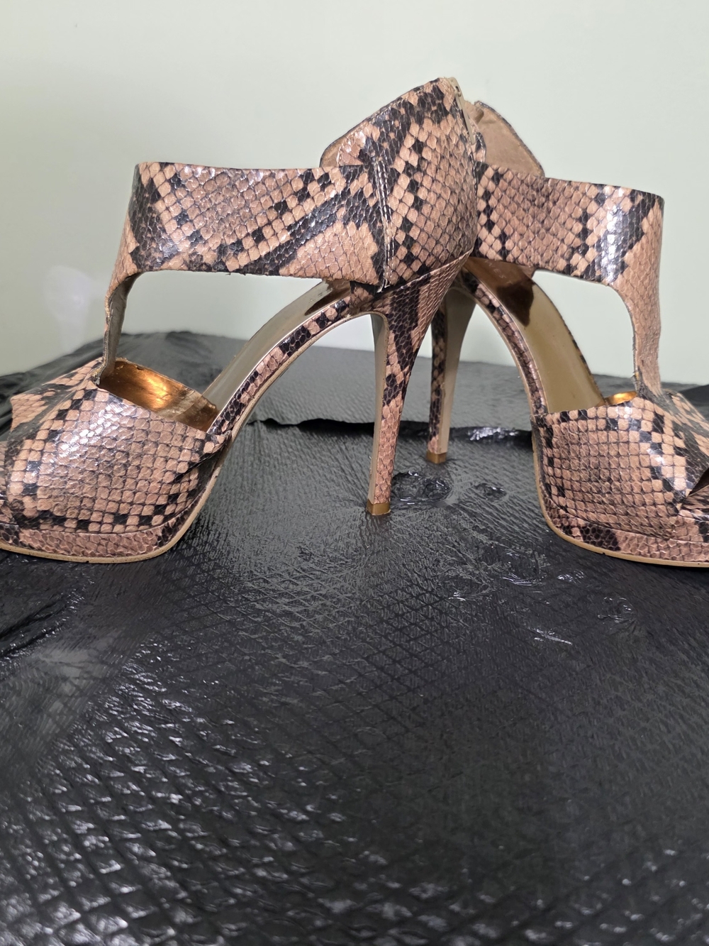Nine West Nude Pink Snake-Print T-Strap Stiletto Sandals